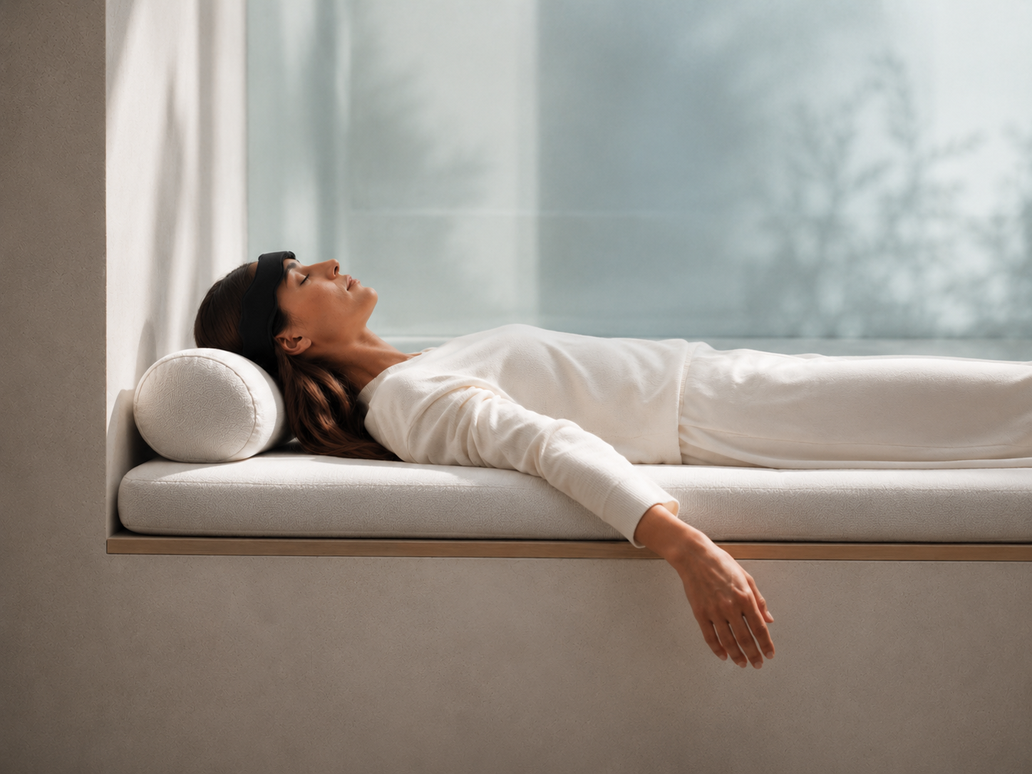 Resting on a window daybed with a soft sleep headband