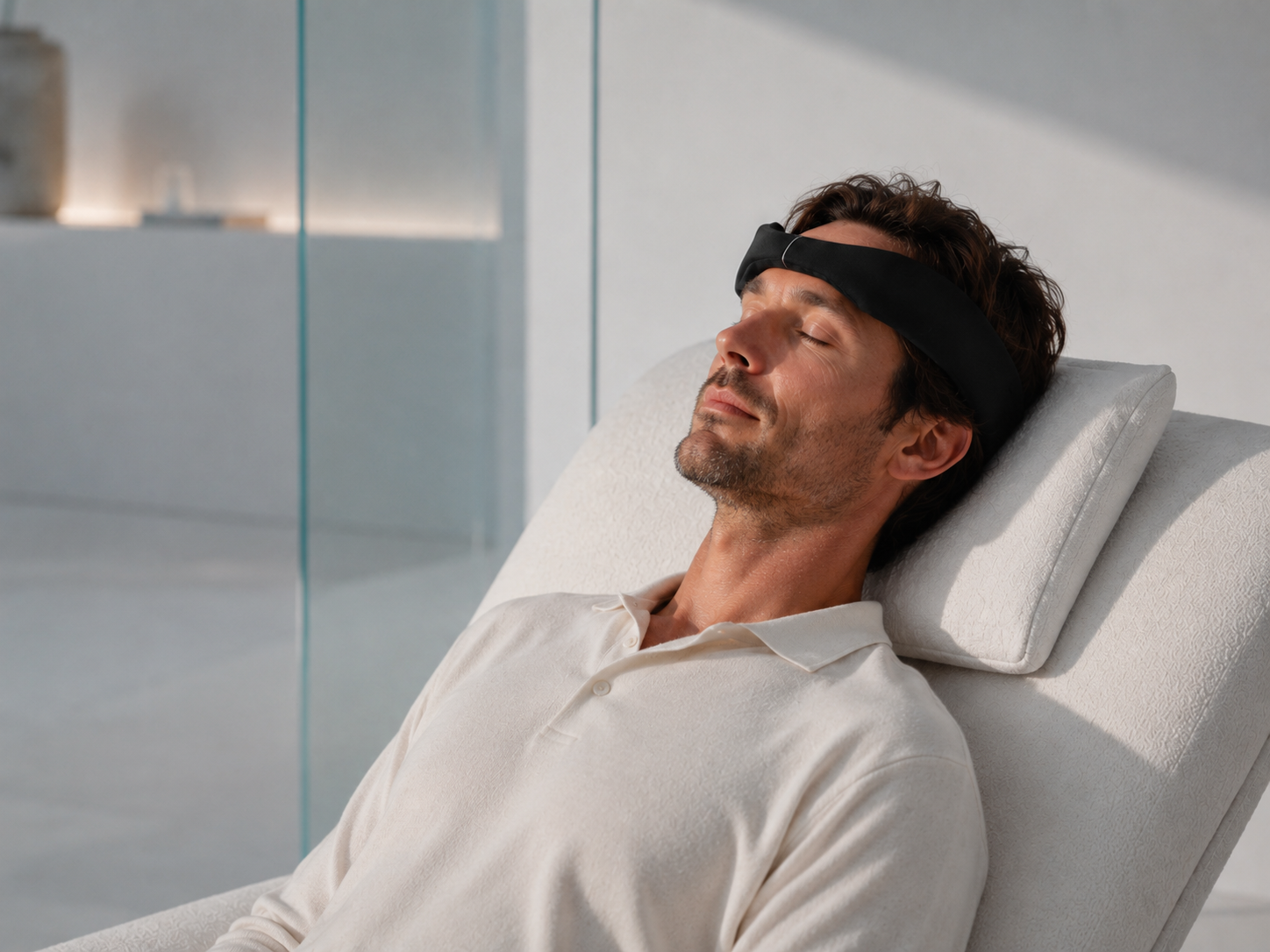 Reclining with a soft NYX EEG headband during a supervised daytime session